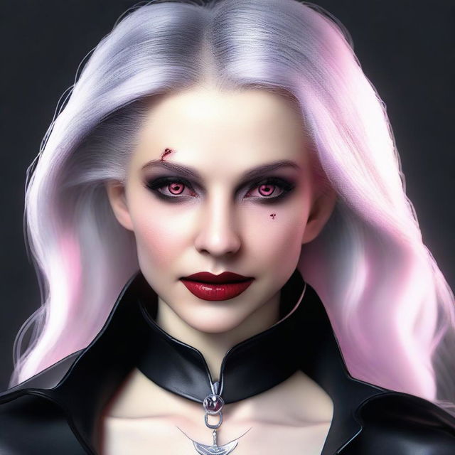 Generate an image of a vampire young adult human female with pink eyes, gray hair, wearing sleek black leather attire, complete with vampiric elements