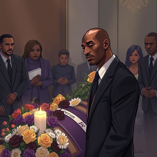 A respectful and solemn illustration depicting Kobe Bryant at LeBron James's funeral, creating an atmosphere of mourning and reflection