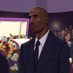 A respectful and solemn illustration depicting Kobe Bryant at LeBron James's funeral, creating an atmosphere of mourning and reflection
