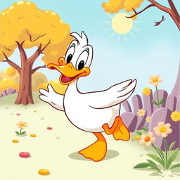 A vibrant poster featuring a cartoon duck designed in the style of the classic early Disney cartoons