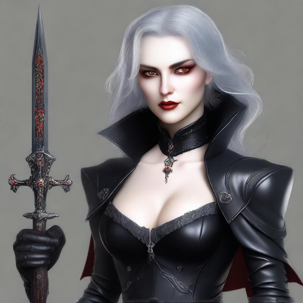 Generate an image of a vampire young adult human female with red eyes, gray hair, dressed in sleek black leather, holding a ornate dagger in her hand