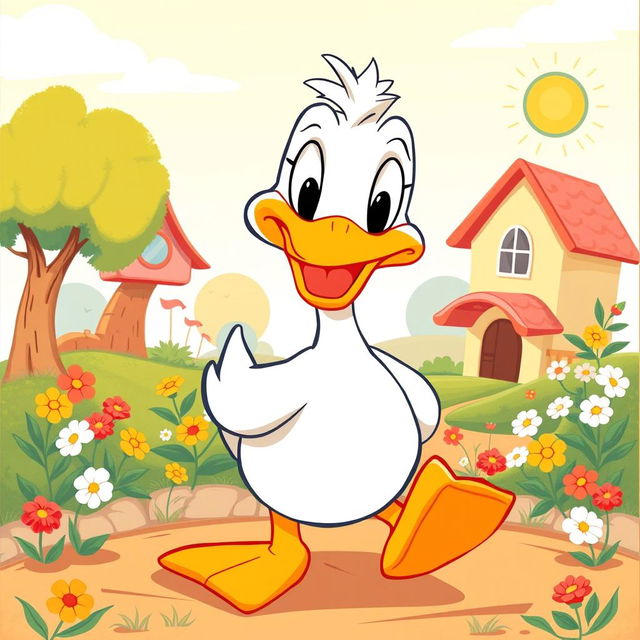 A vibrant poster featuring a cartoon duck designed in the style of the classic early Disney cartoons