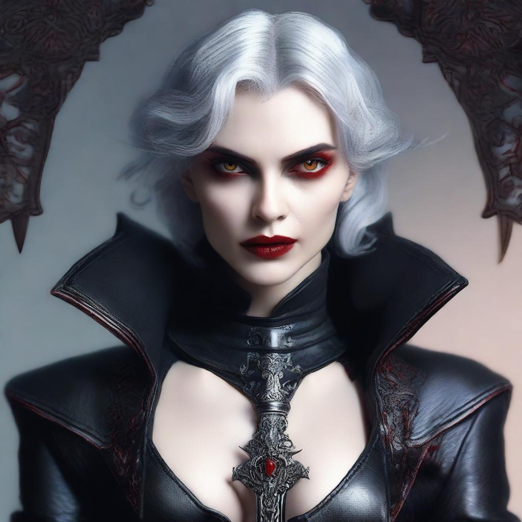 Generate an image of a vampire young adult human female with red eyes, gray hair, dressed in sleek black leather, holding a ornate dagger in her hand