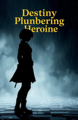 A shadowy female figure with short hair standing against a misty, rainy backdrop, conveying a sense of mystery and adventure