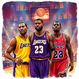 A dynamic and inspirational illustration featuring Kobe Bryant, LeBron James, and Michael Jordan together on a basketball court, symbolizing the greatness of the sport