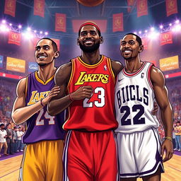 A dynamic and inspirational illustration featuring Kobe Bryant, LeBron James, and Michael Jordan together on a basketball court, symbolizing the greatness of the sport