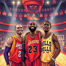 A dynamic and inspirational illustration featuring Kobe Bryant, LeBron James, and Michael Jordan together on a basketball court, symbolizing the greatness of the sport