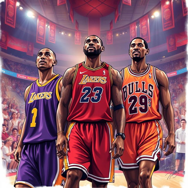 A dynamic and inspirational illustration featuring Kobe Bryant, LeBron James, and Michael Jordan together on a basketball court, symbolizing the greatness of the sport