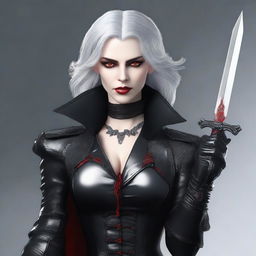 Generate an image of a vampire young adult human female with red eyes, gray hair, dressed in sleek black leather, holding a ornate dagger in her hand