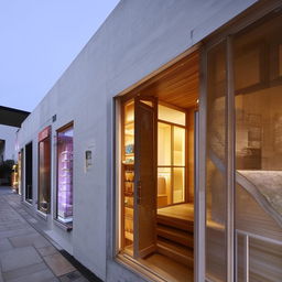 An architectural design of an outside house, featuring elegant stairs leading to the upper floor, which houses three distinct shops.