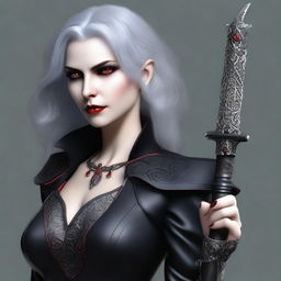 Generate an image of a vampire young adult human female with red eyes, gray hair, dressed in sleek black leather, holding a ornate dagger in her hand