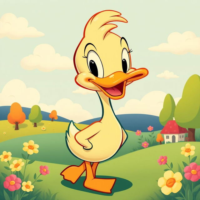 A vibrant poster featuring a cartoon duck designed in the classic style of the early Disney cartoons