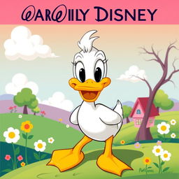 A vibrant poster featuring a cartoon duck designed in the classic style of the early Disney cartoons