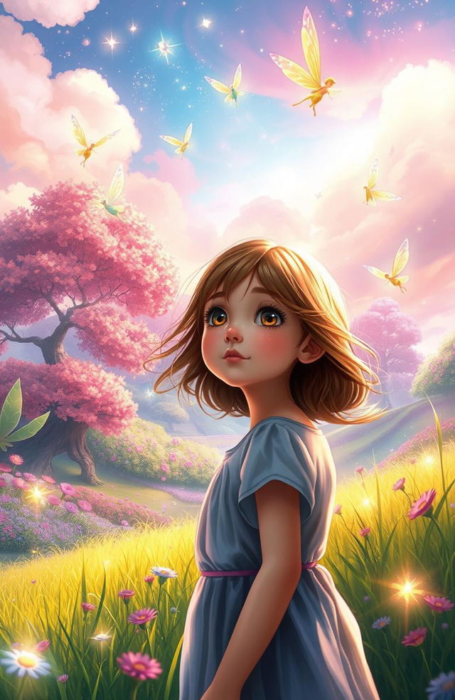 A magical scene depicting a girl gazing in awe at the vibrant fairy world of Lumindell