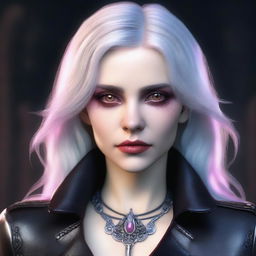 Generate an image of a vampire young adult human female with pink eyes, gray hair, dressed in sleek black leather, holding an ornate dagger in her hand