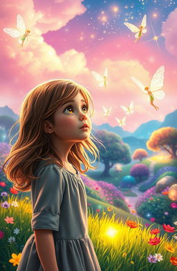 A magical scene depicting a girl gazing in awe at the vibrant fairy world of Lumindell