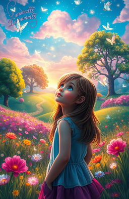 A magical scene depicting a girl gazing in awe at the vibrant fairy world of Lumindell