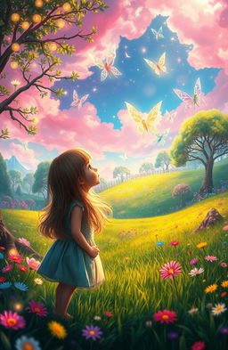 A magical scene depicting a girl gazing in awe at the vibrant fairy world of Lumindell