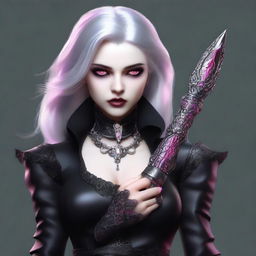 Generate an image of a vampire young adult human female with pink eyes, gray hair, dressed in sleek black leather, holding an ornate dagger in her hand