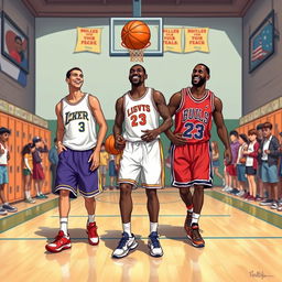 A nostalgic and vibrant illustration featuring Kobe Bryant, LeBron James, and Michael Jordan as school students in a gymnasium