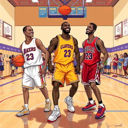 A nostalgic and vibrant illustration featuring Kobe Bryant, LeBron James, and Michael Jordan as school students in a gymnasium