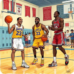 A nostalgic and vibrant illustration featuring Kobe Bryant, LeBron James, and Michael Jordan as school students in a gymnasium