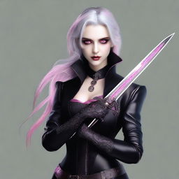 Generate an image of a vampire young adult human female with pink eyes, gray hair, dressed in sleek black leather, holding an ornate dagger in her hand