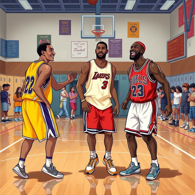 A nostalgic and vibrant illustration featuring Kobe Bryant, LeBron James, and Michael Jordan as school students in a gymnasium