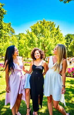 A group of three fashionable women in the park, all wearing stylish summer dresses