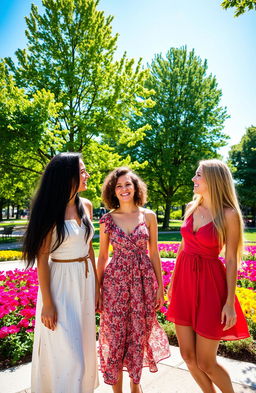 A group of three fashionable women in the park, all wearing stylish summer dresses