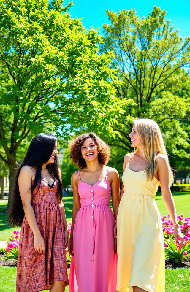 A group of three fashionable women in the park, all wearing stylish summer dresses