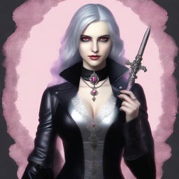 Generate an image of a vampire young adult human female with pink eyes, gray hair, dressed in sleek black leather, holding an ornate dagger in her hand