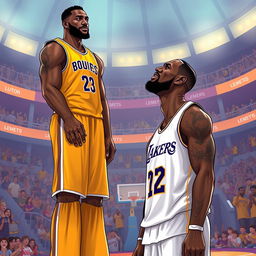 An imaginative illustration depicting Victor Wembanyama towering at an incredible height of 9'4'', looking down at LeBron James, who is standing at his standard height