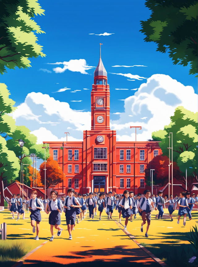 Digital art of a bustling school environment with students engaged in various activities.