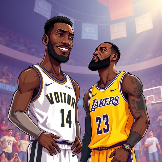 An imaginative illustration depicting Victor Wembanyama towering at an incredible height of 9'4'', looking down at LeBron James, who is standing at his standard height