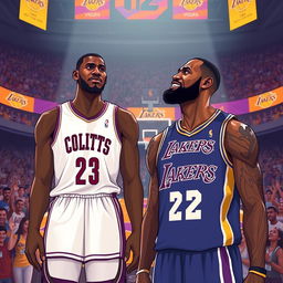 An imaginative illustration depicting Victor Wembanyama towering at an incredible height of 9'4'', looking down at LeBron James, who is standing at his standard height