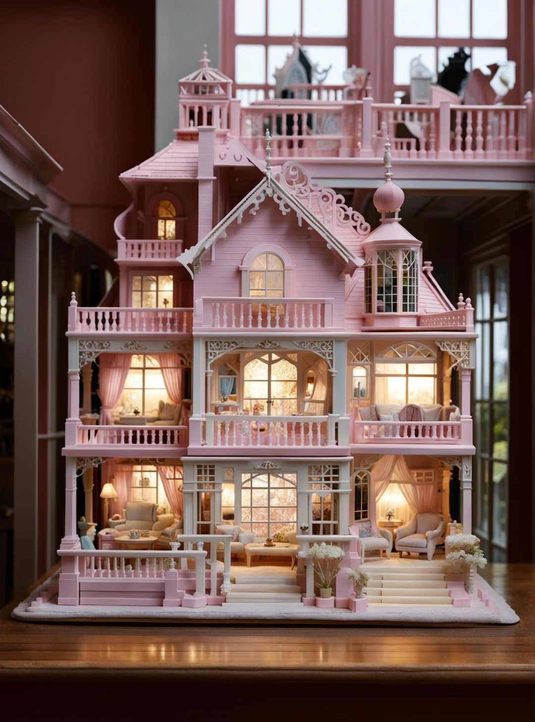 A detailed Victorian-style dollhouse with intricately furnished rooms across three floors, illuminated by soft light against a pastel-colored backdrop