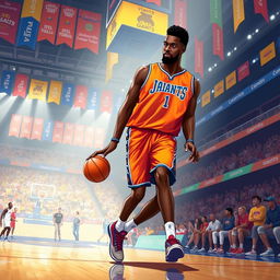 An imaginative and striking illustration depicting Victor Wembanyama towering at an impressive height of 10'9'', playing for the Jacksonville Giants