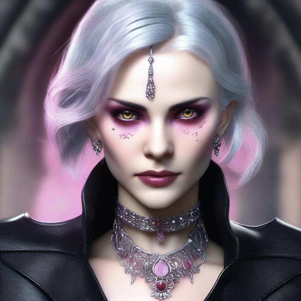 Generate an image of a vampire young adult human female with pink eyes, gray hair, dressed in sleek black leather, holding an ornate dagger