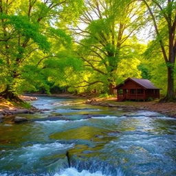 A serene natural landscape featuring a flowing river with crystal-clear water, surrounded by large and beautiful trees with lush green leaves