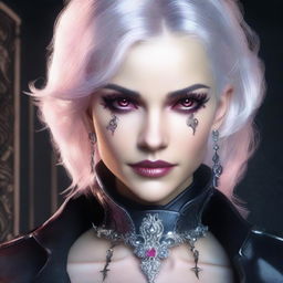 Generate an image of a vampire young adult human female with pink eyes, gray hair, dressed in sleek black leather, holding an ornate dagger