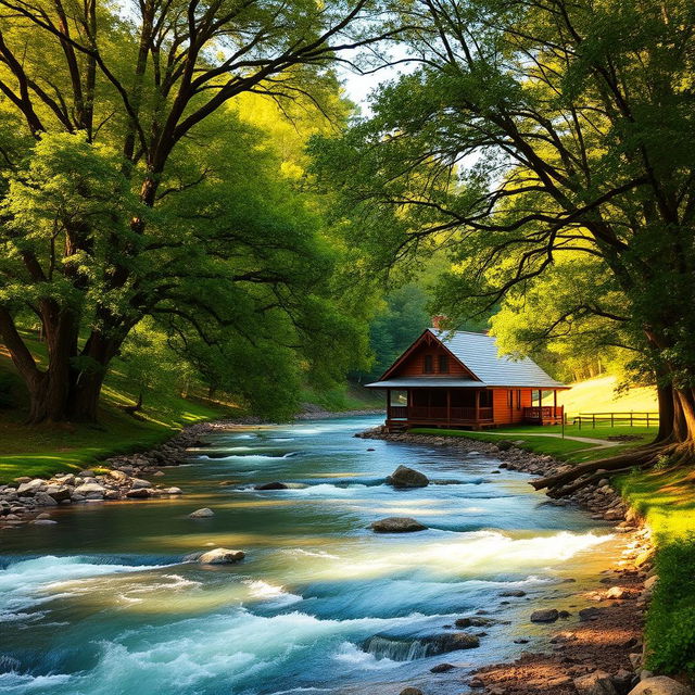 A serene natural landscape featuring a flowing river with crystal-clear water, surrounded by large and beautiful trees with lush green leaves