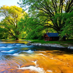 A serene natural landscape featuring a flowing river with crystal-clear water, surrounded by large and beautiful trees with lush green leaves
