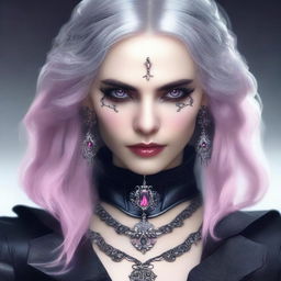 Generate an image of a vampire young adult human female with pink eyes, gray hair, dressed in sleek black leather, holding an ornate dagger