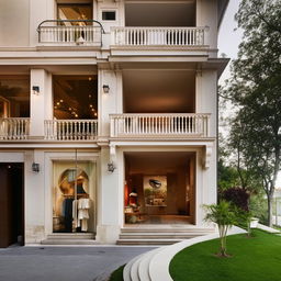 An architectural design of an outside house, featuring elegant stairs leading to the upper floor, which houses three distinct shops.