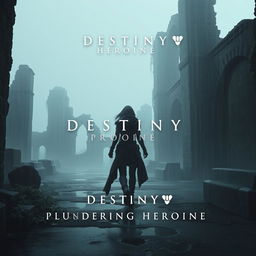 A shadowy female figure walking through ancient, crumbling ruins on a misty, rainy day