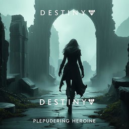 A shadowy female figure walking through ancient, crumbling ruins on a misty, rainy day