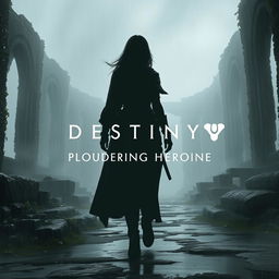 A shadowy female figure walking through ancient, crumbling ruins on a misty, rainy day