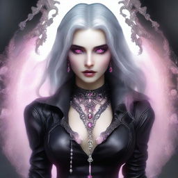 Generate an image of a vampire young adult human female with pink eyes, gray hair, dressed in sleek black leather, holding an ornate dagger