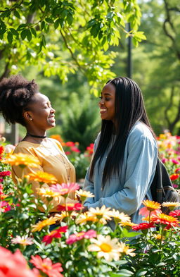 An unexpected friendship blossoming in a vibrant park filled with colorful flowers and lush greenery
